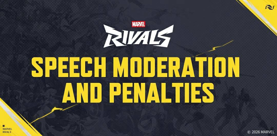 Arte oficial da Marvel Rivals com o título Speech Moderation and Penalties em letras amarelas, anunciando o endurecimento das punições para abuso de fala
