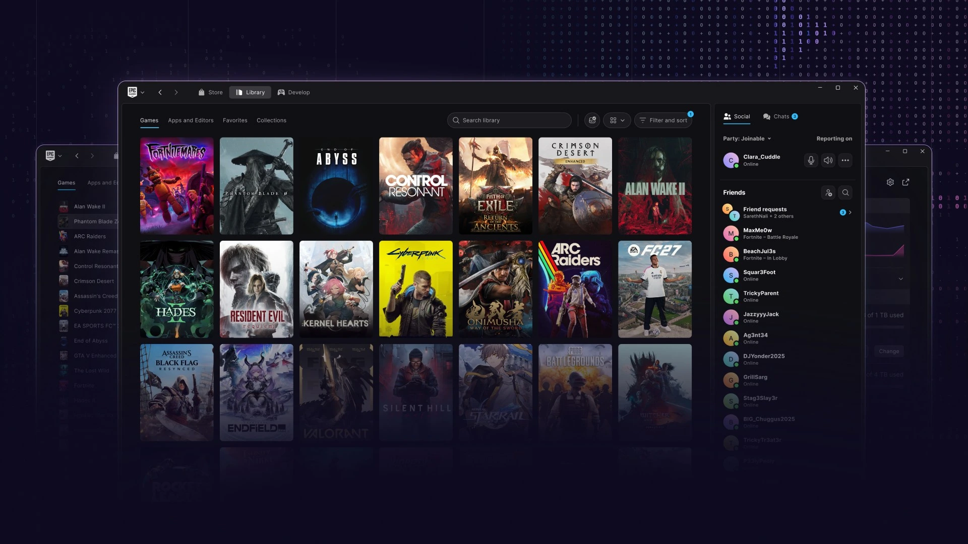 Tela da biblioteca do novo Epic Games Launcher, em Preview, com grade de capas de jogos, busca, filtros e painel social