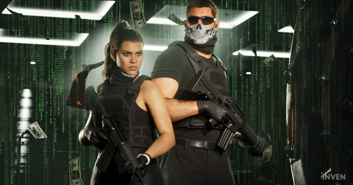 Protagonistas Lucia e Jason de GTA 6 em ilustração temática com coletes táticos e armas de fogo sob chuva de códigos cibernéticos verdes