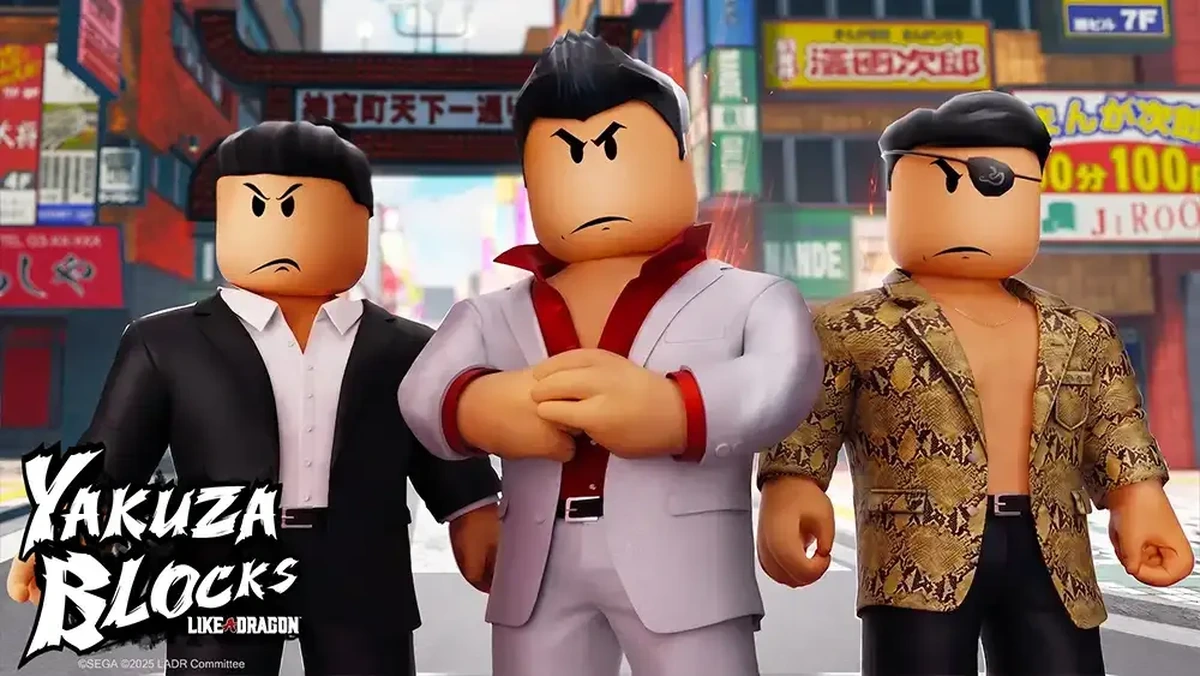 Arte oficial de Yakuza Blocks con tres personajes de estilo Roblox en Kamurocho