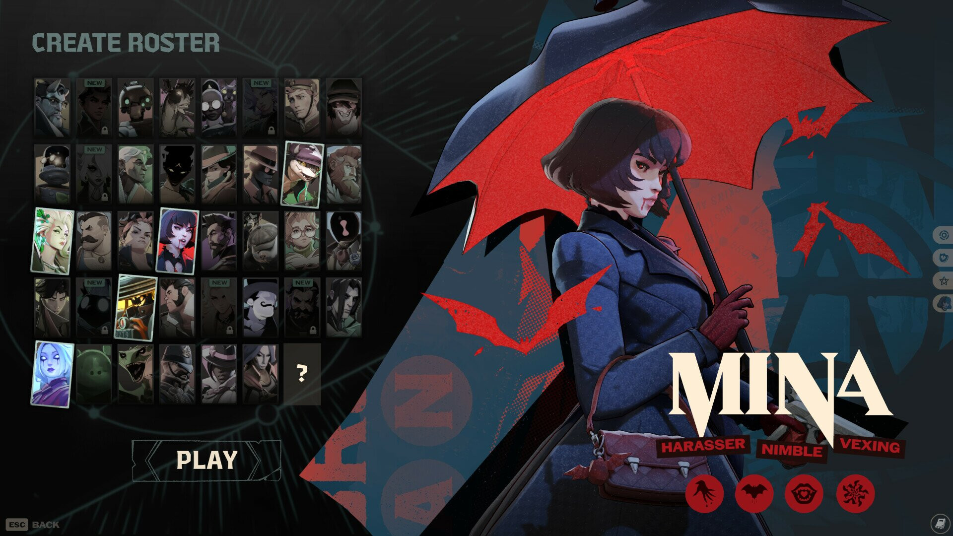 Tela de criação de elenco e seleção de personagens no jogo Deadlock destacando a heroína Mina e novos heróis adicionados na atualização