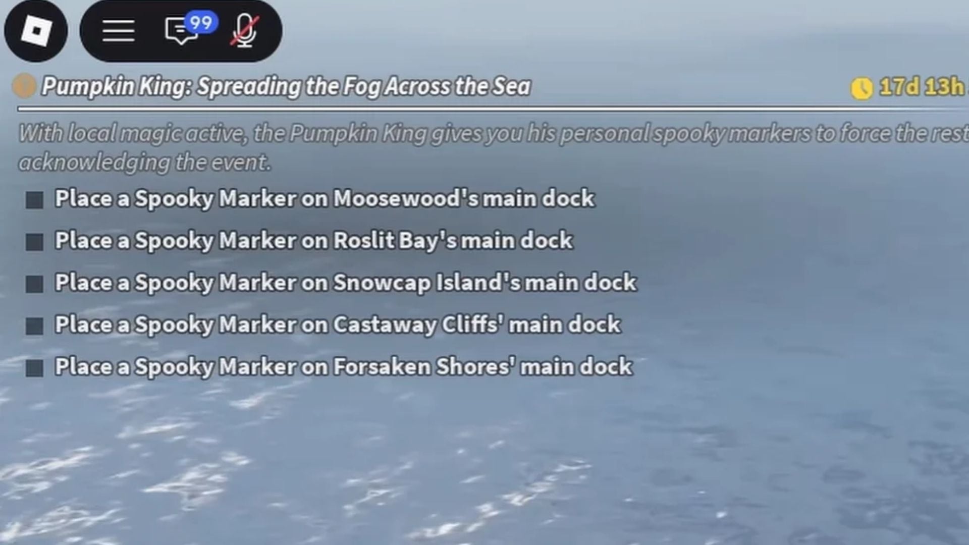 Interacting with the spooky marker on an island pier in Fisch