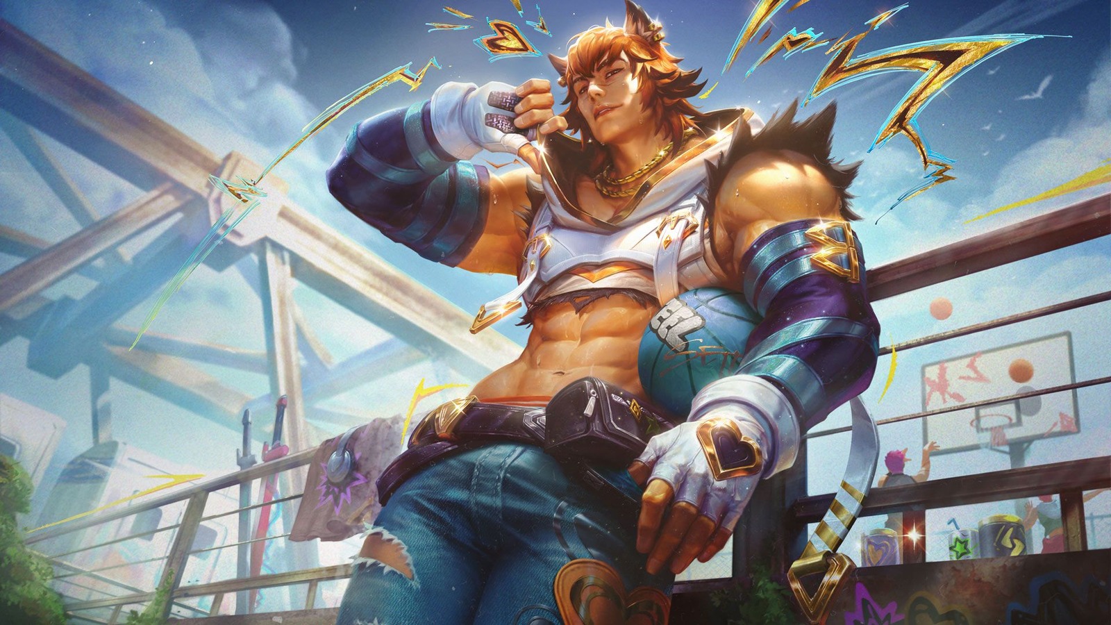 Official League of Legends patch 26.20 art, featuring a champion from the new skin line in an urban scene with a basketball court