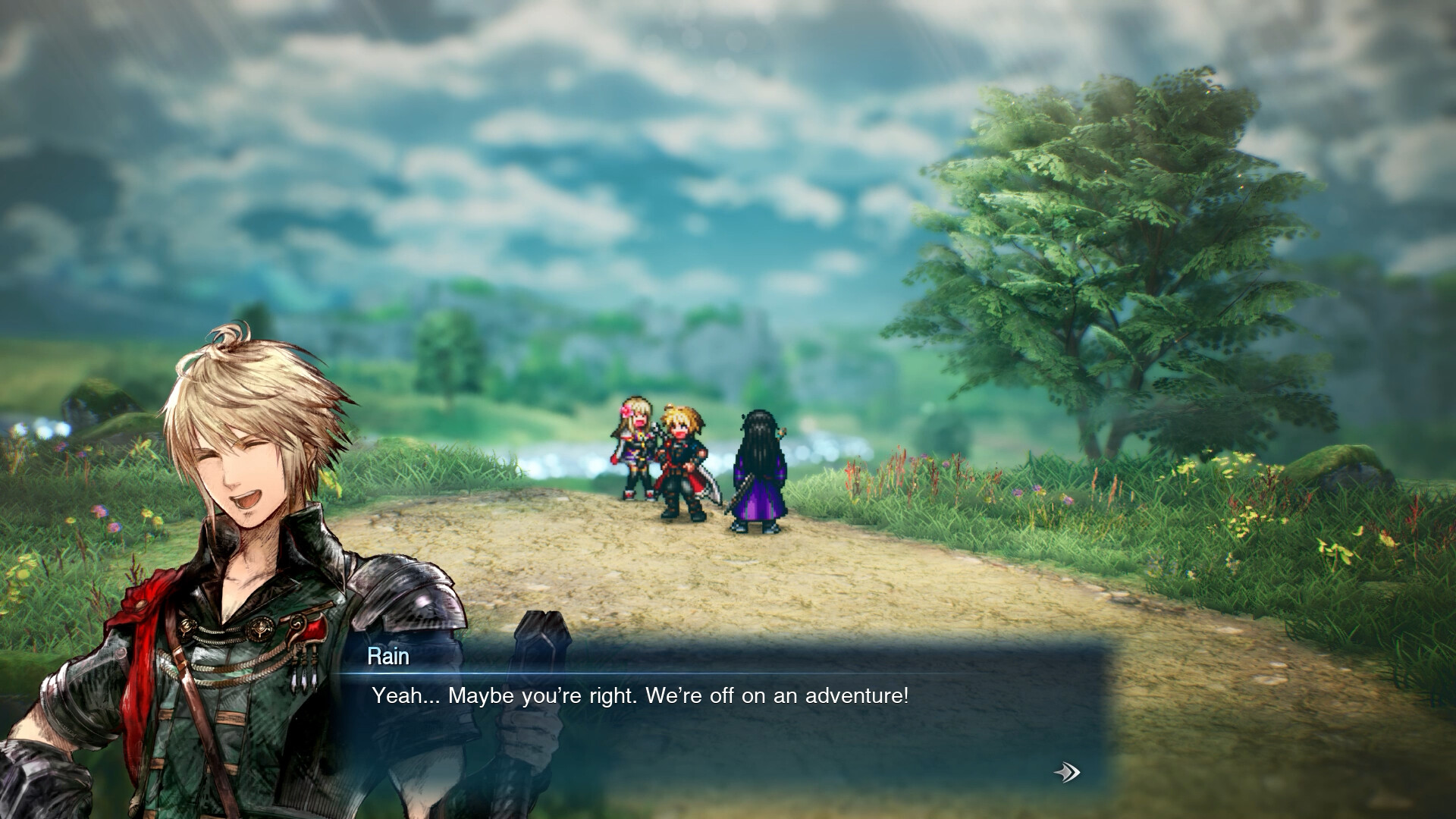Rain, the protagonist of Final Fantasy Resonance, appears in an illustrated portrait during a dialogue scene with the party behind him
