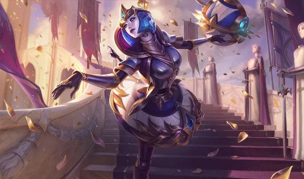 Arte conceptual de League of Legends con campeones de la Grieta del Invocador listos para la batalla clasificatoria