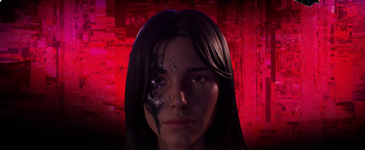 Arte de la skin de Nikki en Fortnite, de la película Obsessão, con fondo rojizo y la personaje al centro