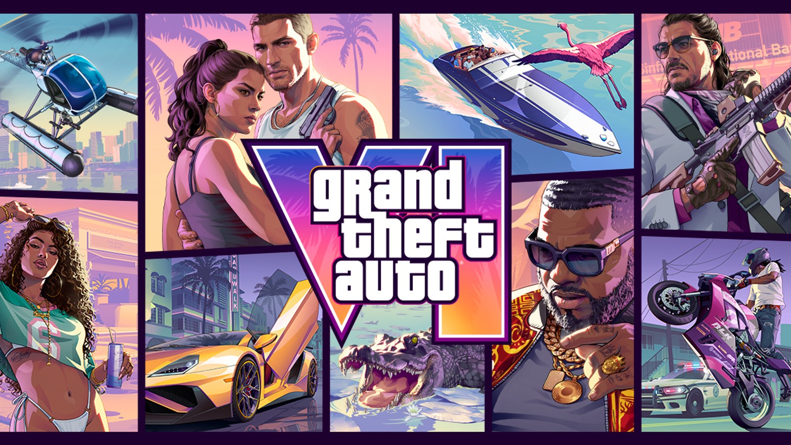 Arte oficial de GTA 6 com logo do jogo sobre vista de Vice City, da Rockstar Games