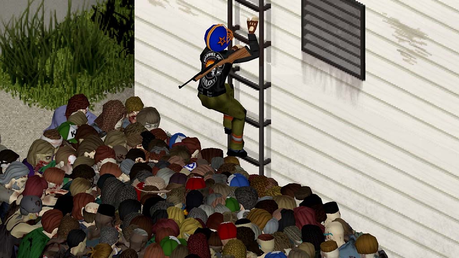 Sobrevivente de Project Zomboid sobe uma escada enquanto zumbis se aglomeram abaixo