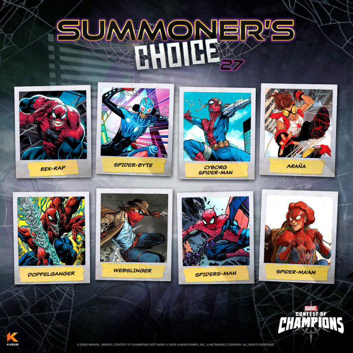 Votação da comunidade Summoners Choice 2027 com 8 variantes do Aranhaverso em MCoC