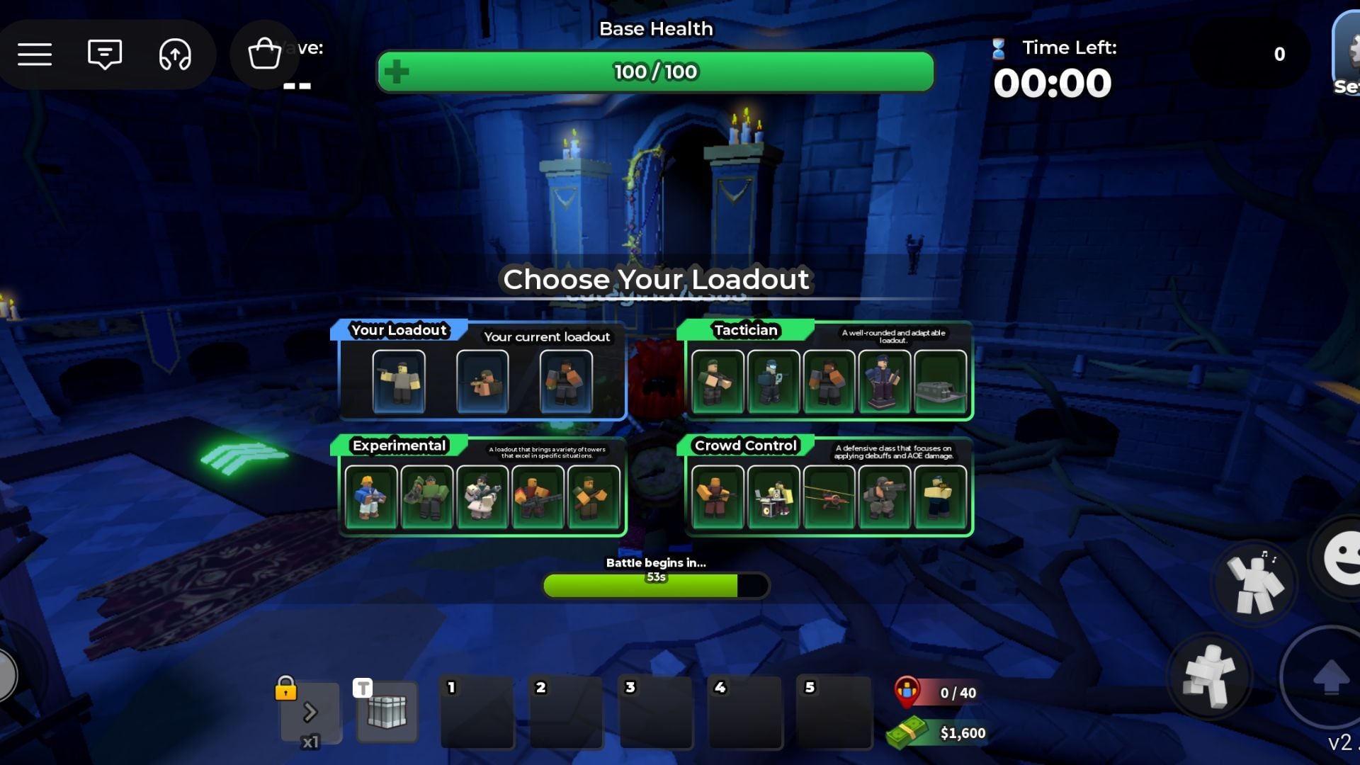 Loadout selection screen displaying Tactician, Experimental, and Crowd Control decks in Tower Defense Simulator