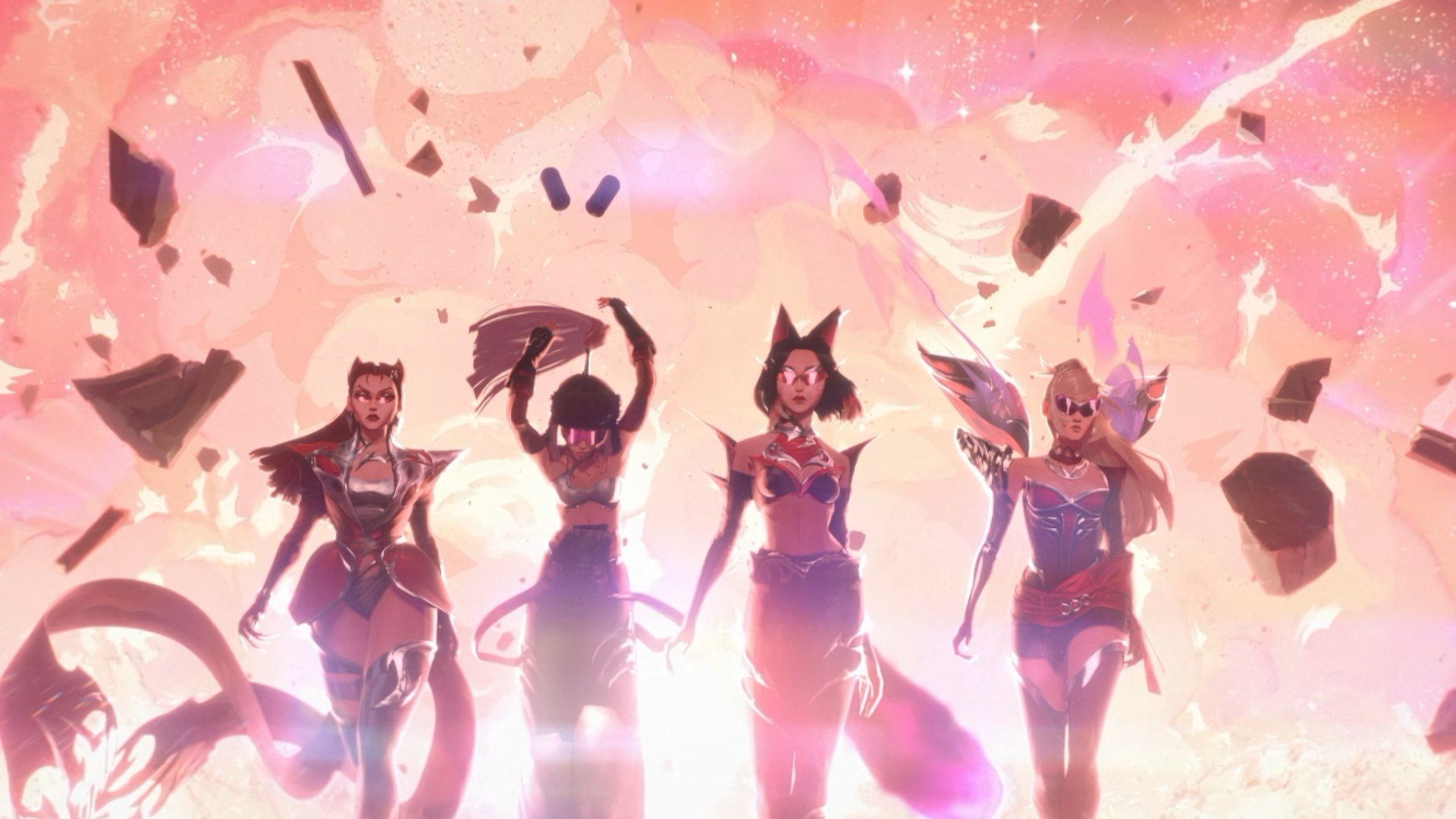 Arte oficial do K/DA para o Mundial 2026, com as quatro integrantes diante de um cenário dourado