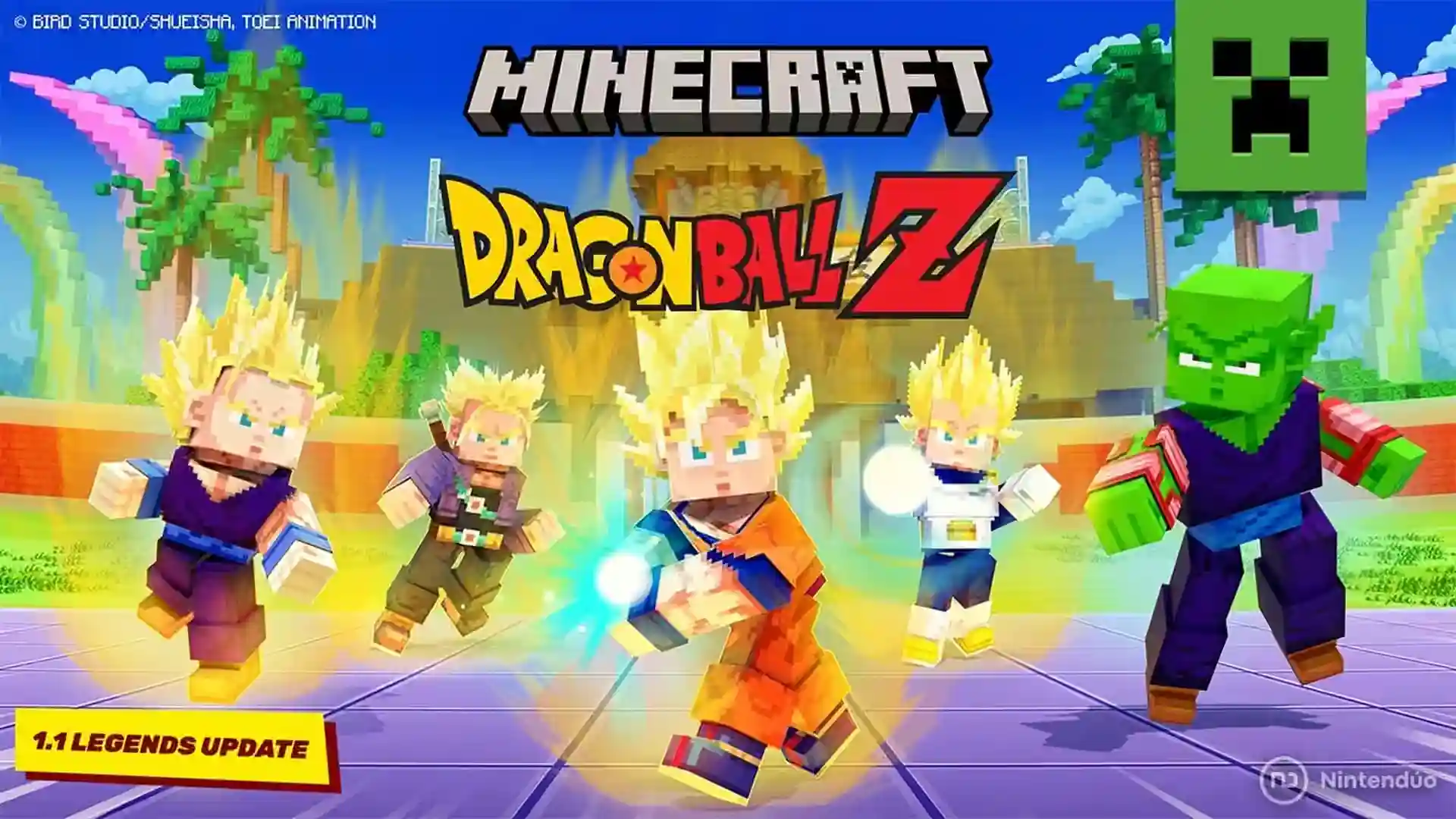 Goku, Vegeta, Gohan e Trunks em versão cúbica na arte oficial da atualização 1.1 Legends do DLC de Dragon Ball Z para Minecraft