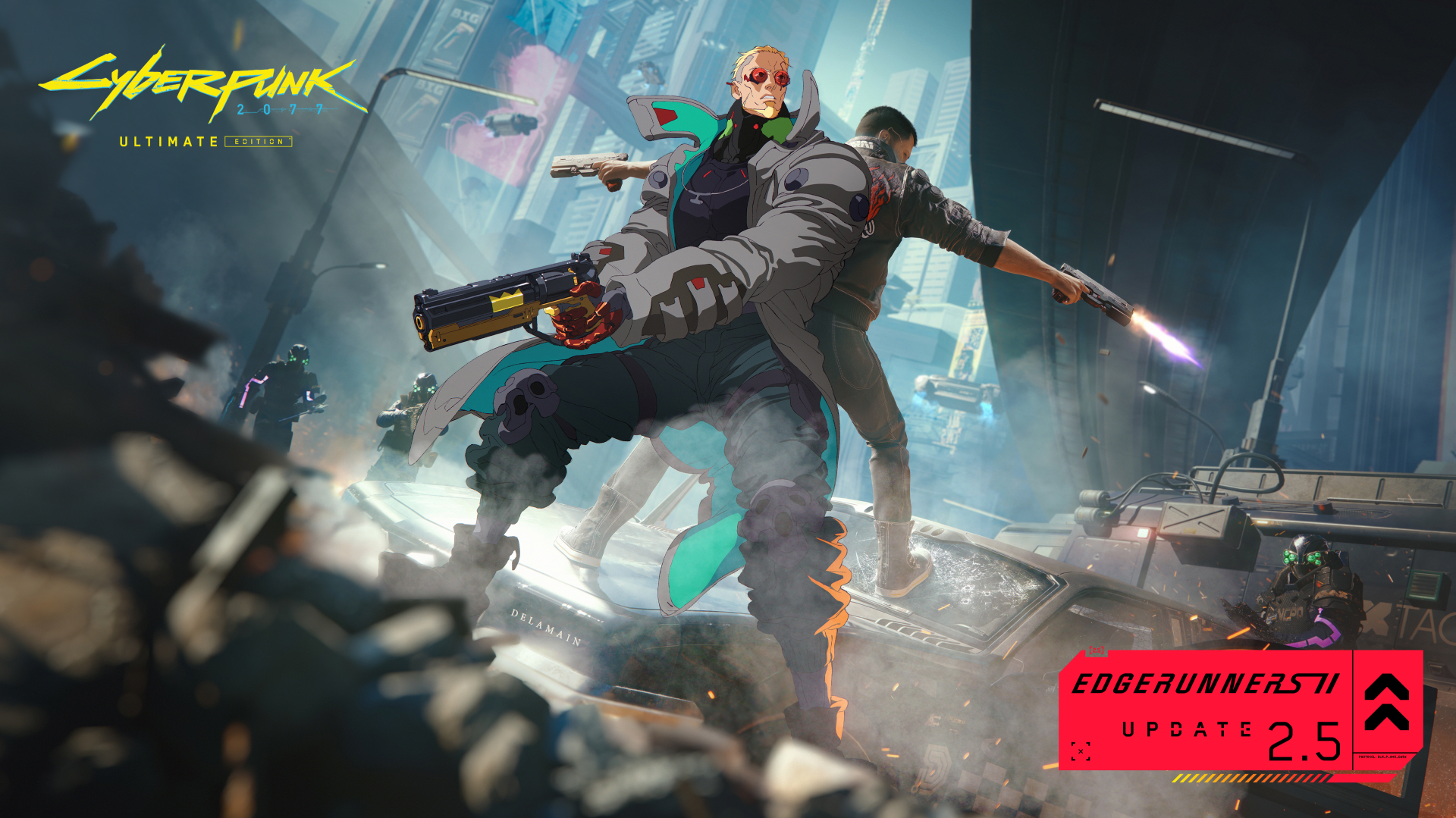 Official key art for the Edgerunners 2 Update (2.5) of Cyberpunk 2077, featuring anime characters and the update logo
