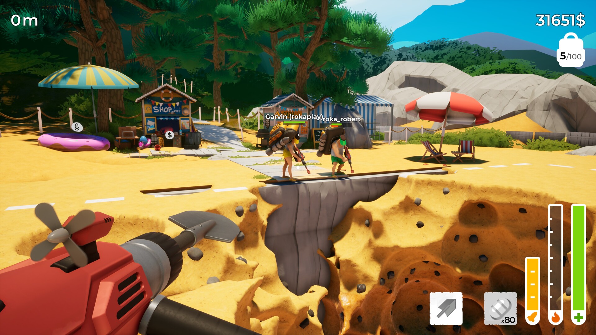 Jogadores cavando juntos em uma praia em A Game About Digging A Hole Together