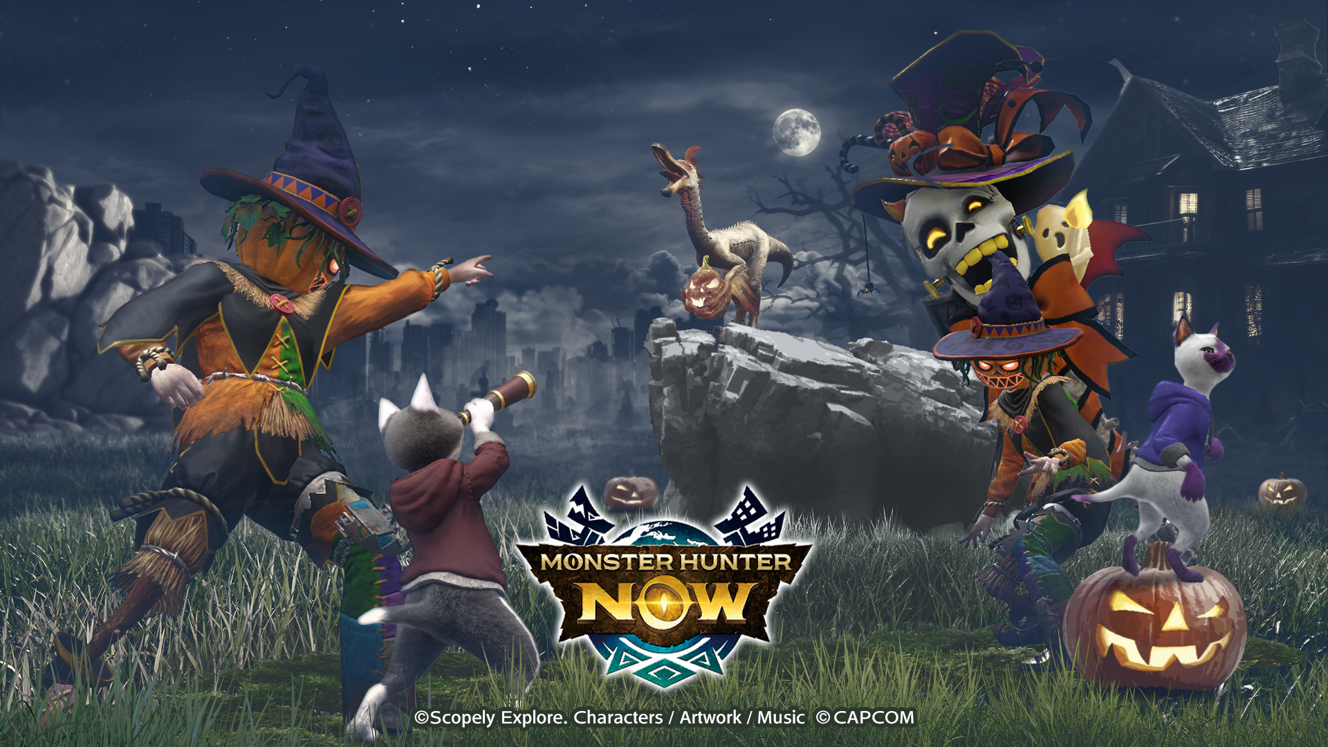 Arte oficial do evento Halloween 2026 de Monster Hunter Now, com caçadores fantasiados e um Kulu-Ya-Ku carregando uma abóbora