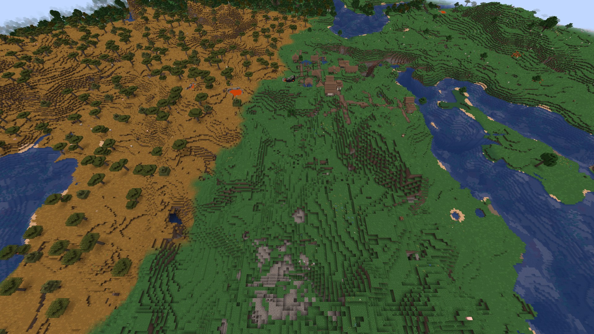 Vista aérea do Overworld em Minecraft com a vila onde os agentes montaram a base e uma mancha de lava