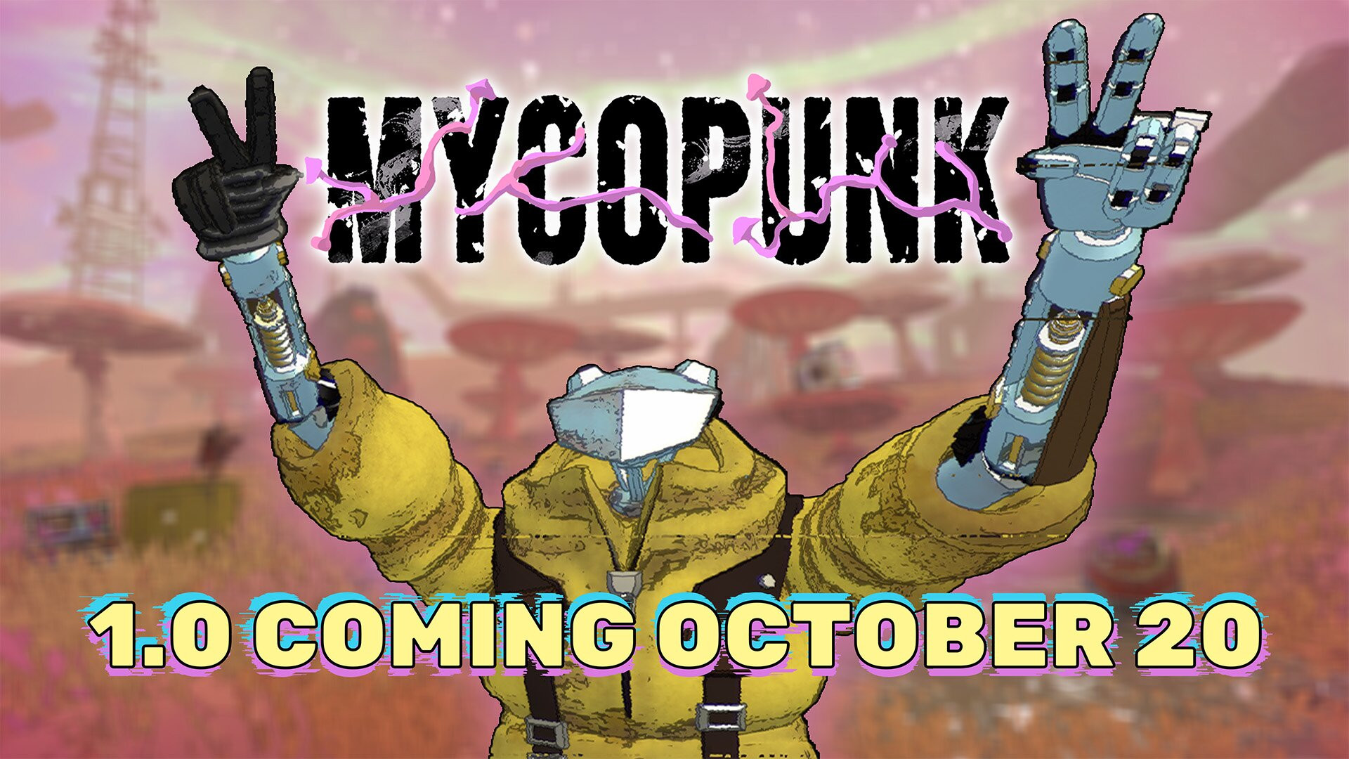Equipe de robôs da Equipe de Risco de Novo Atlas em arte oficial de Mycopunk, sobre um planeta coberto por fungos
