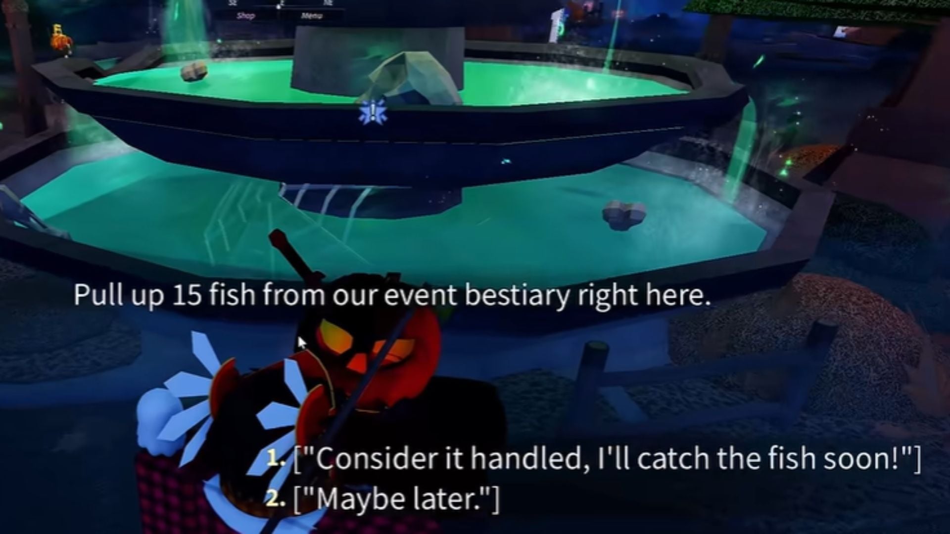 Fishing along the shoreline of Fischfright island for the Pumpkin King