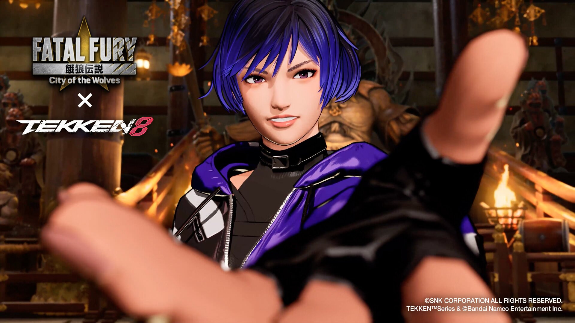 Arte promocional oficial da SNK com Reina de Tekken 8 em Fatal Fury City of the Wolves em dojo tradicional japonês