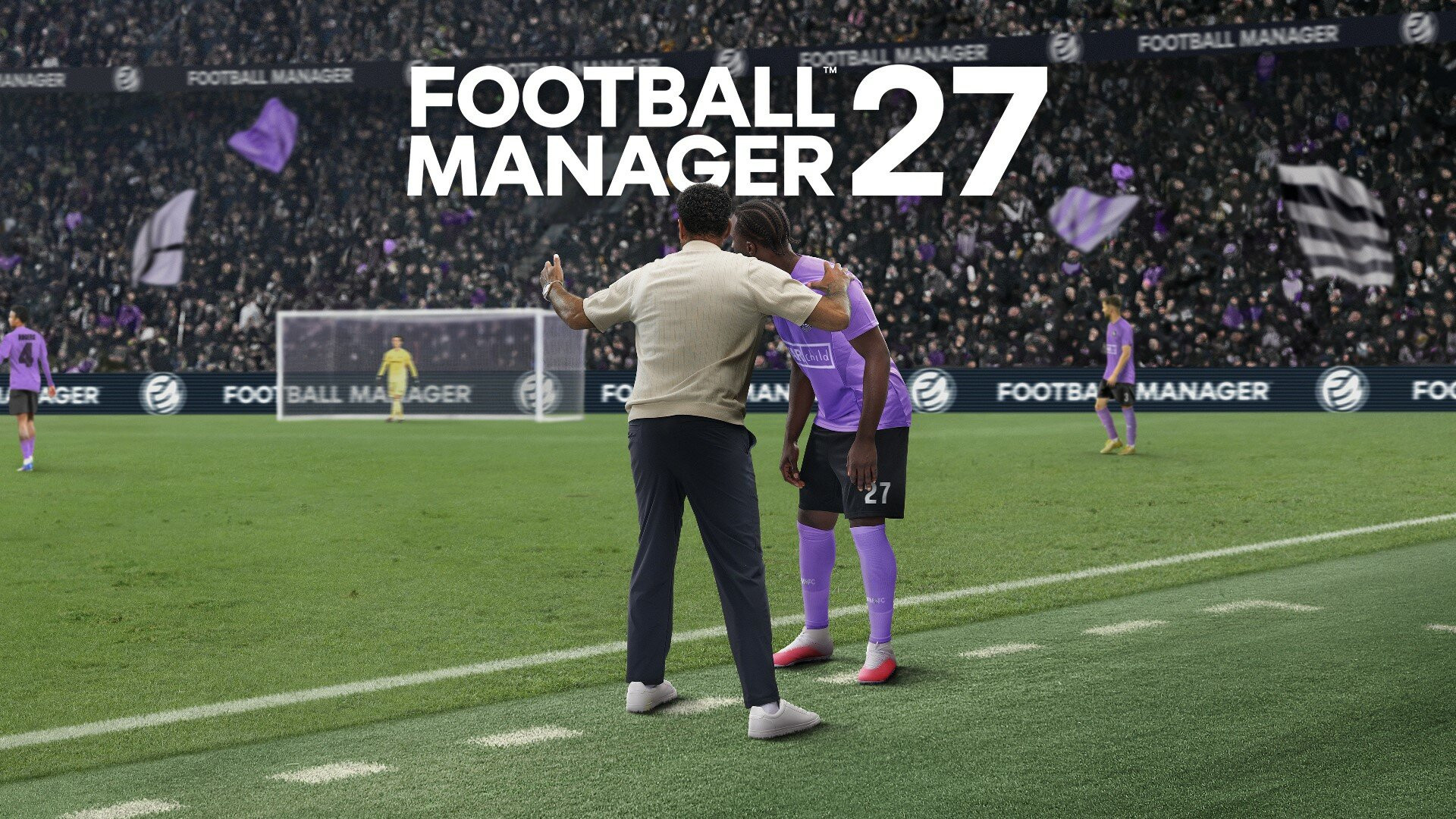 Treinador conversa com jogador à beira do campo na arte oficial de Football Manager 27