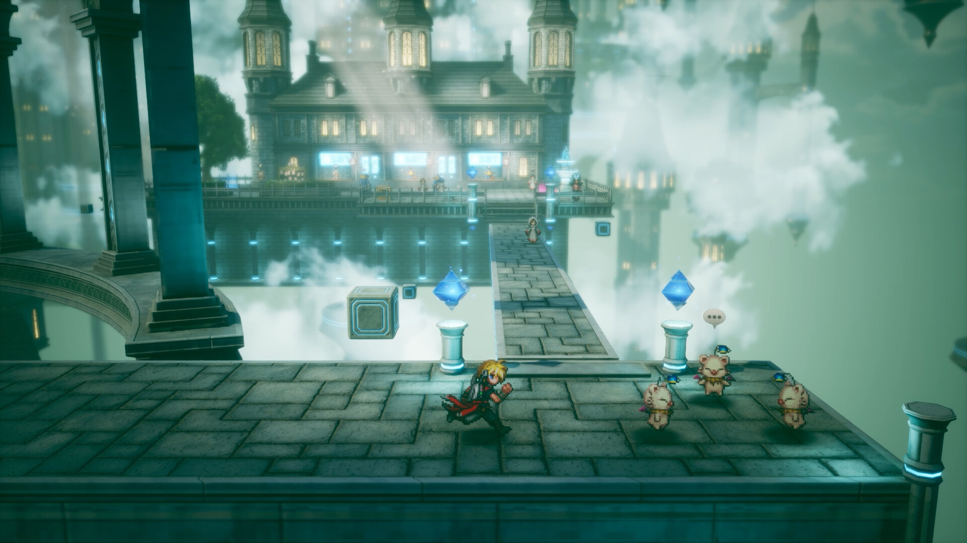 A character runs through a floating city in HD-2D alongside moogles in Final Fantasy Resonance