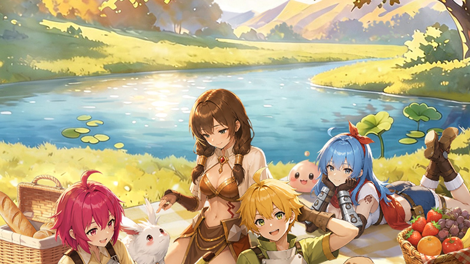 Arte oficial de Ragnarok: GO com quatro personagens em um piquenique à beira de um lago, entre eles um Poring cor-de-rosa
