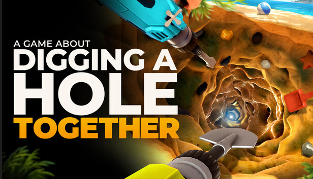 Arte oficial de A Game About Digging A Hole Together, com cenário de praia e personagens cavando