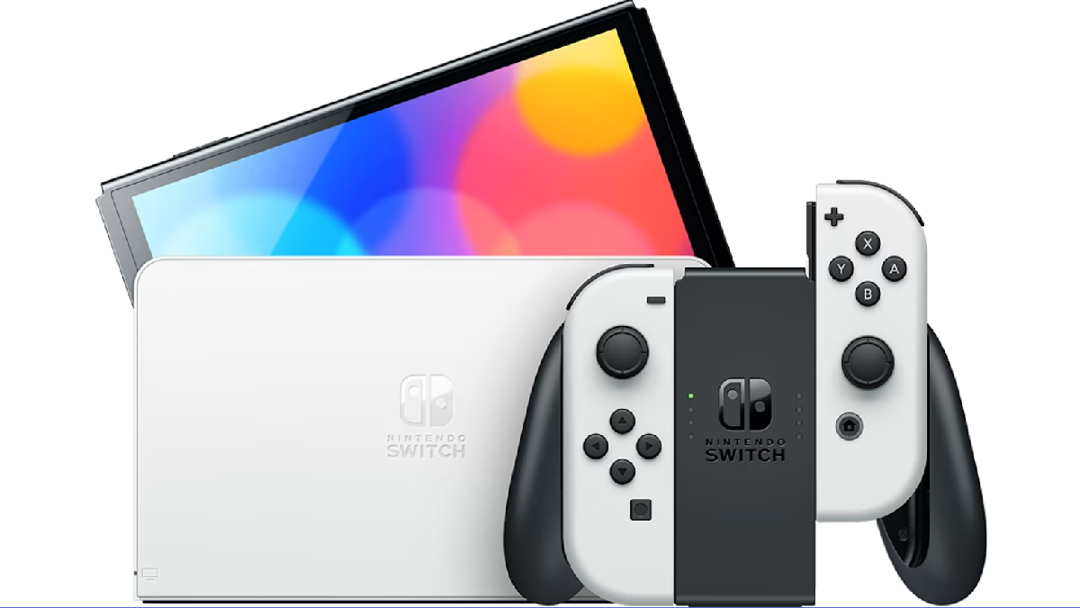 Console Nintendo Switch com Joy-Cons brancos sobre fundo claro, fotografia oficial da Nintendo