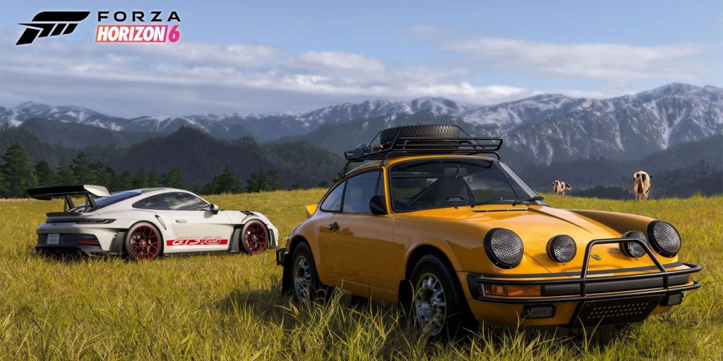 Classic safari Porsche next to a modern Porsche 911 GT3 RS in a mountainous Japanese landscape from Forza Horizon 6