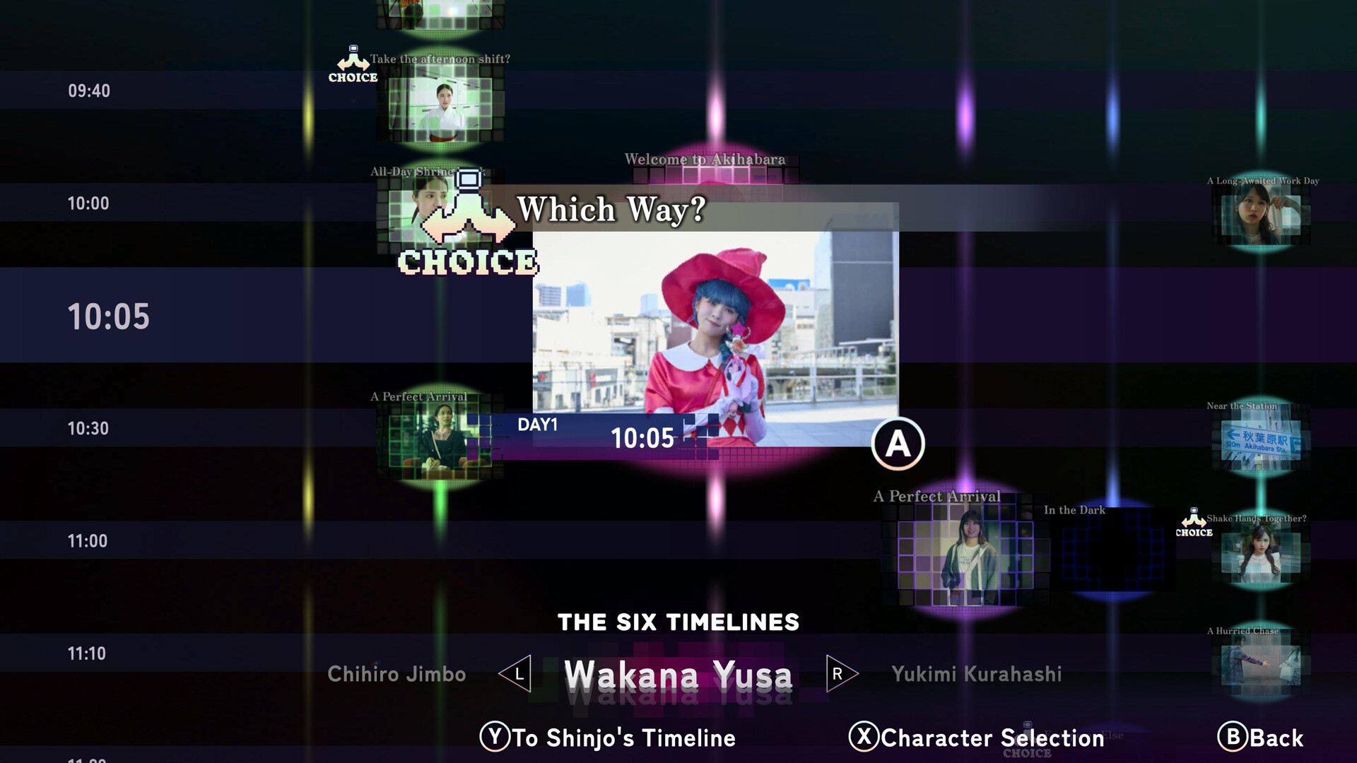 AKIBA LOST character selection screen showing six timelines and a cosplayer in Akihabara