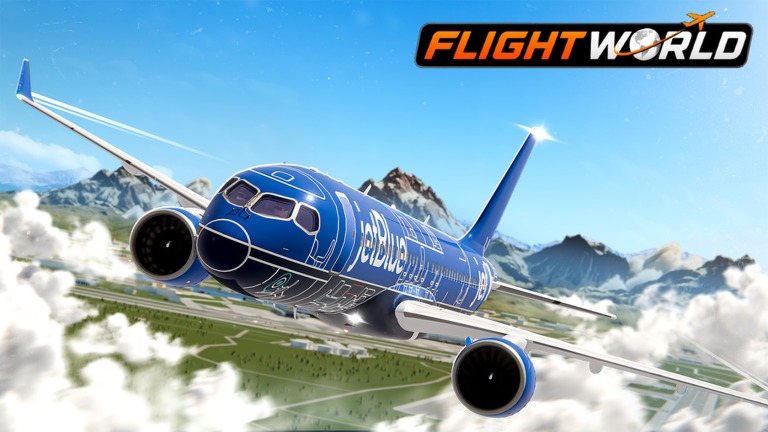 Arte oficial de Flight World com um avião comercial azul voando sobre montanhas, nuvens e uma pista, com o logotipo do jogo