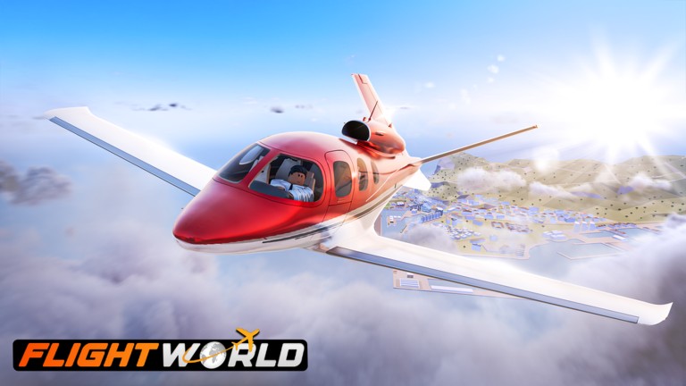 Red aircraft in full flight above the clouds, with islands and structures from the Flight World map in the background, in an official image of the game on Roblox