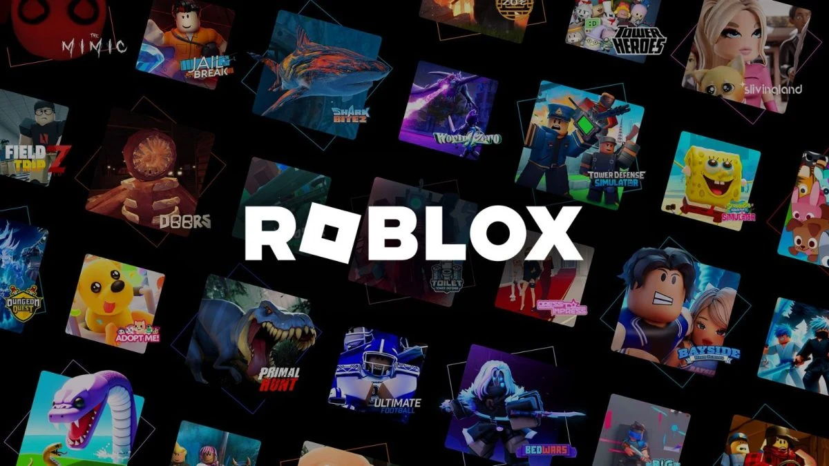 Logotipo e plataforma Roblox em tela digital destacando ferramentas de criação e modelos 3D