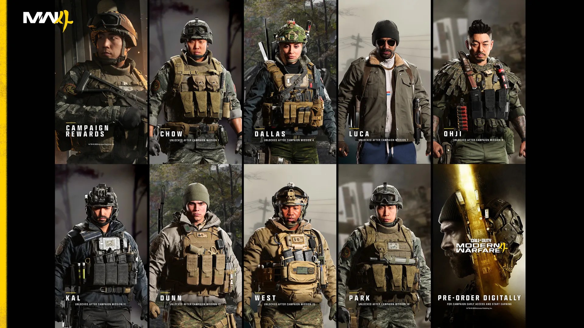 Rejilla oficial de recompensas de la campaña de Modern Warfare 4 con los operadores Chow, Dallas, Luca, Ohji, Kal, Dunn, West y Park
