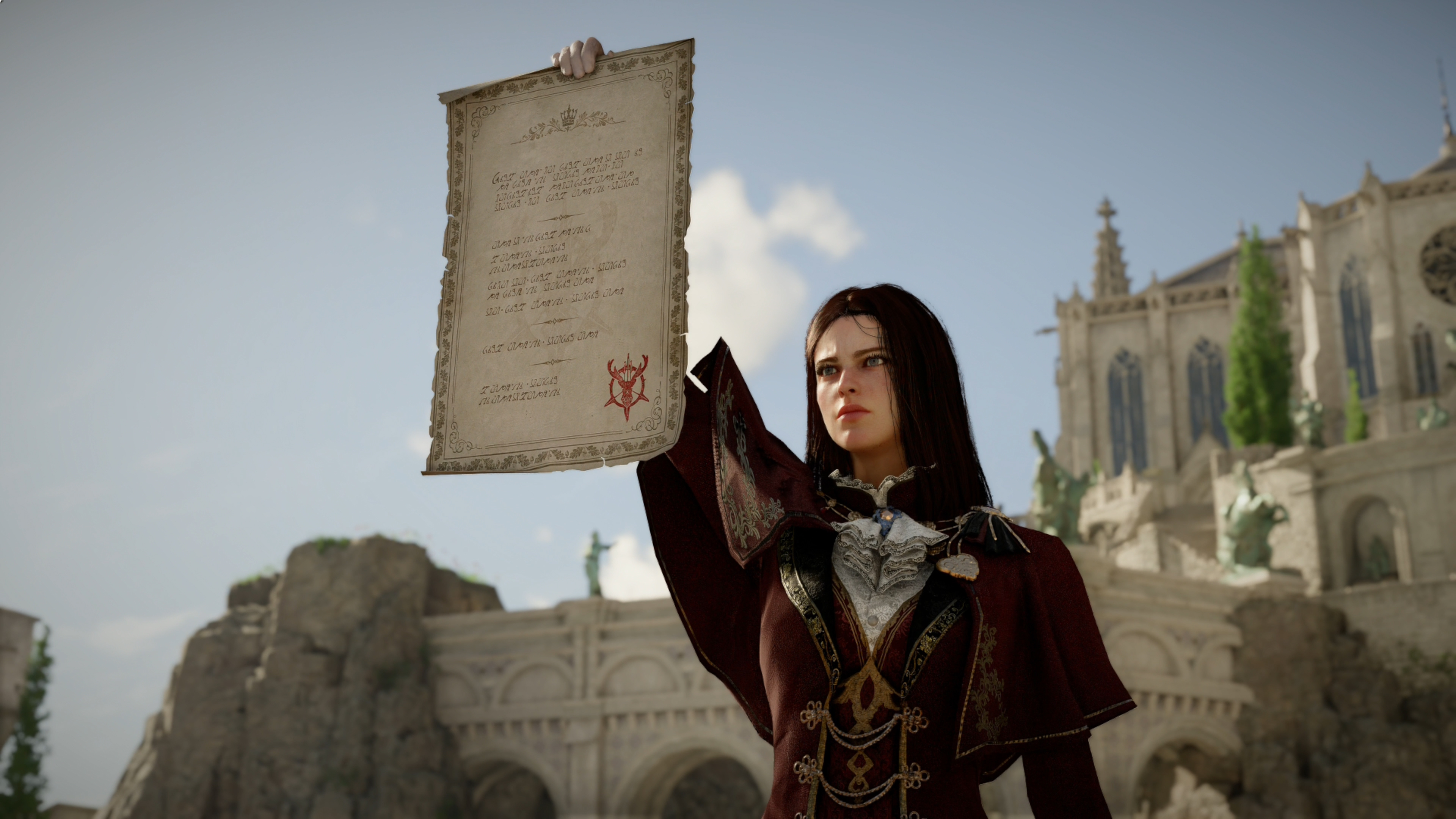 Una personaje femenina de Crimson Desert sostiene un documento oficial frente a un palacio