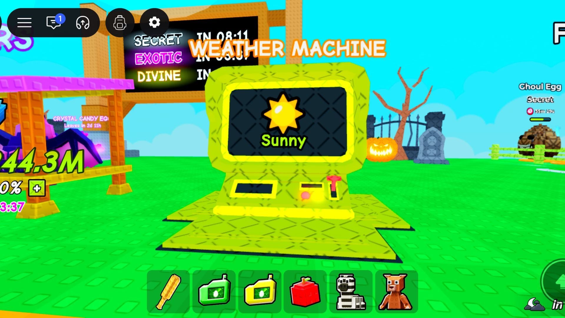 Roblox Fake an Egg Weather Machine user interface showing weather options and prices