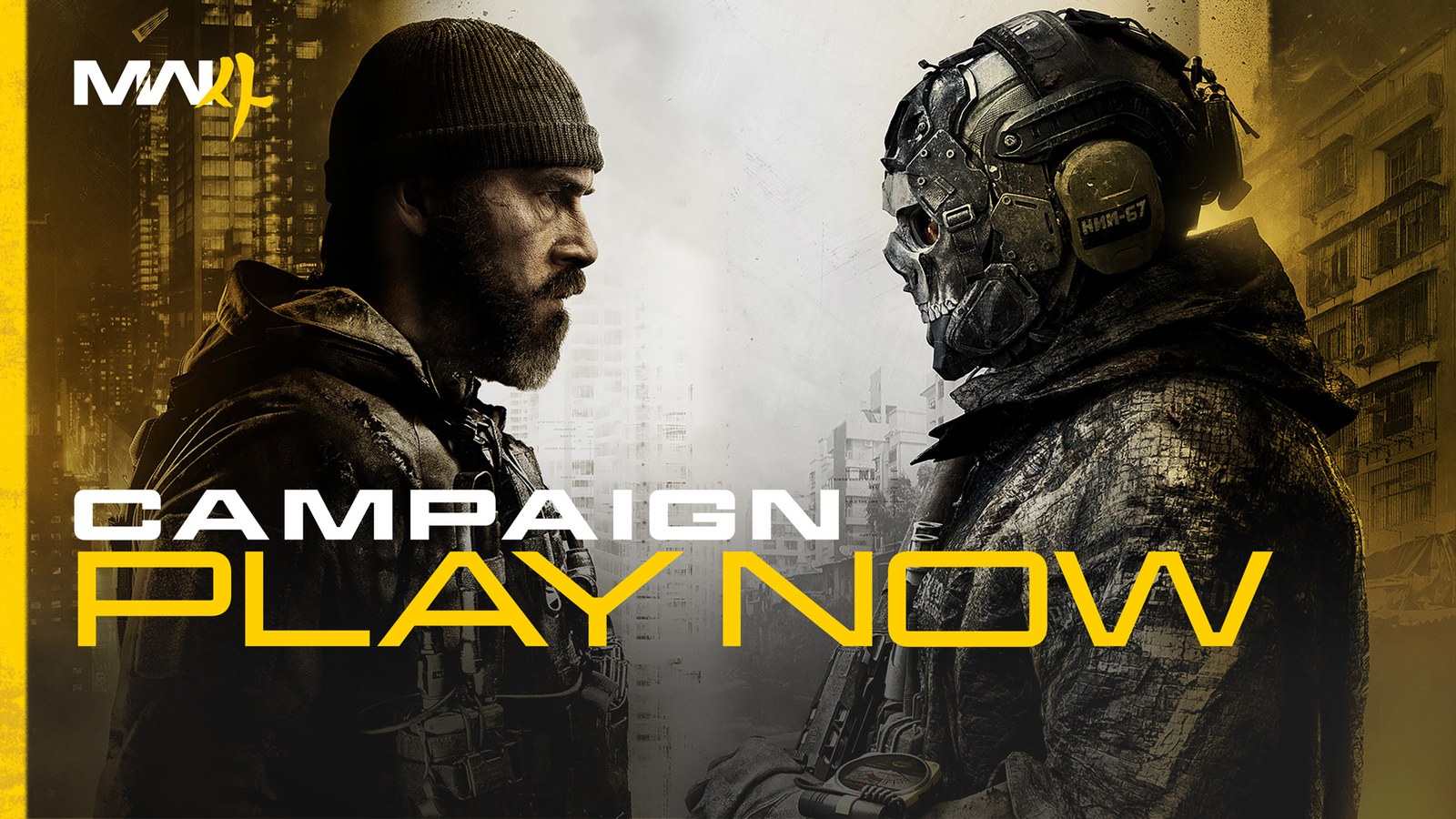 Key art for Modern Warfare 4's Campaign Play Now with Captain Price face to face with a skull-masked operator