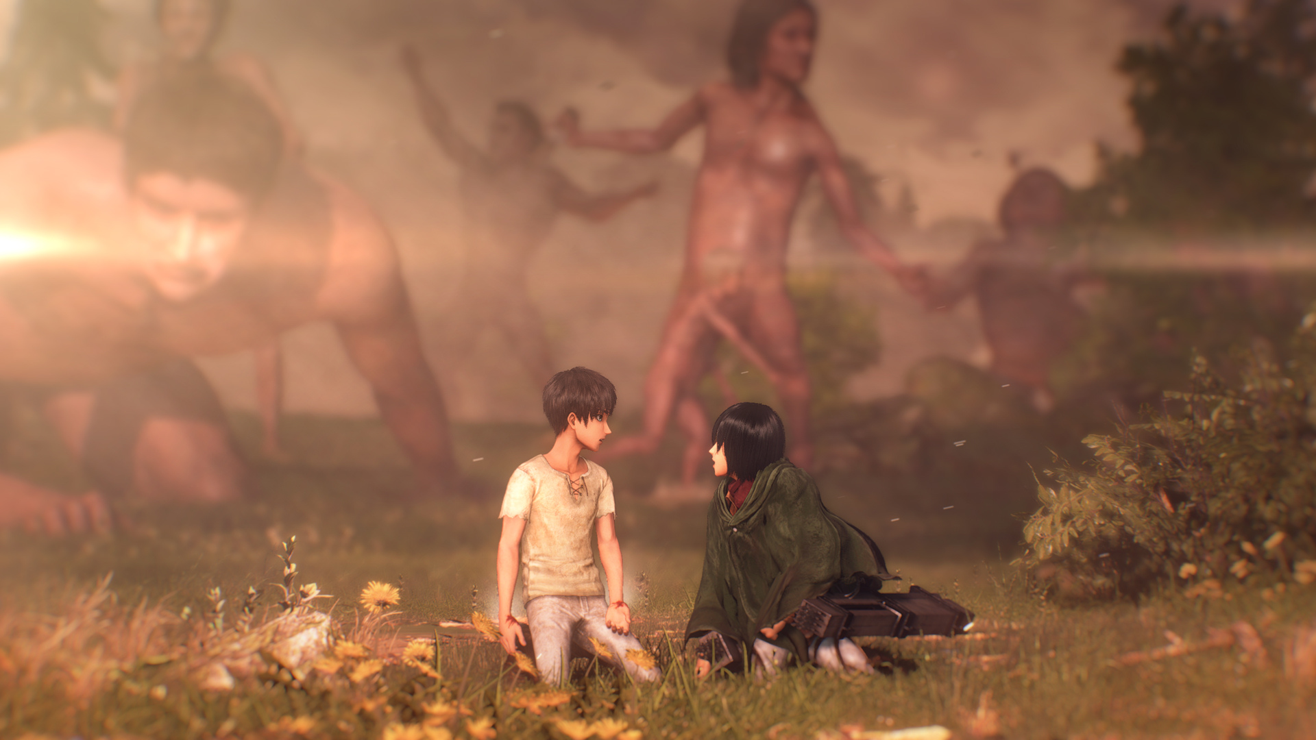 Eren Jaeger e Mikasa Ackerman em combate durante a campanha de Attack on Titan 3