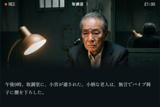 Screenshot of the Torishirabeshitsu no Komiya game running in the browser showing an interrogation room with lamp and Japanese text