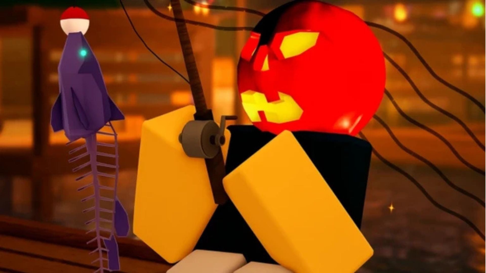 Roblox character with a pumpkin head holding the Omniscient Spinecaster rod, with a purple skeletal fish on the line