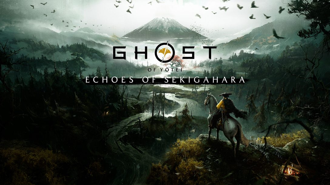 Arte promocional de la expansión Ghost of Yotei: Echoes of Sekigahara, con un samurái a caballo observando un valle bajo la niebla