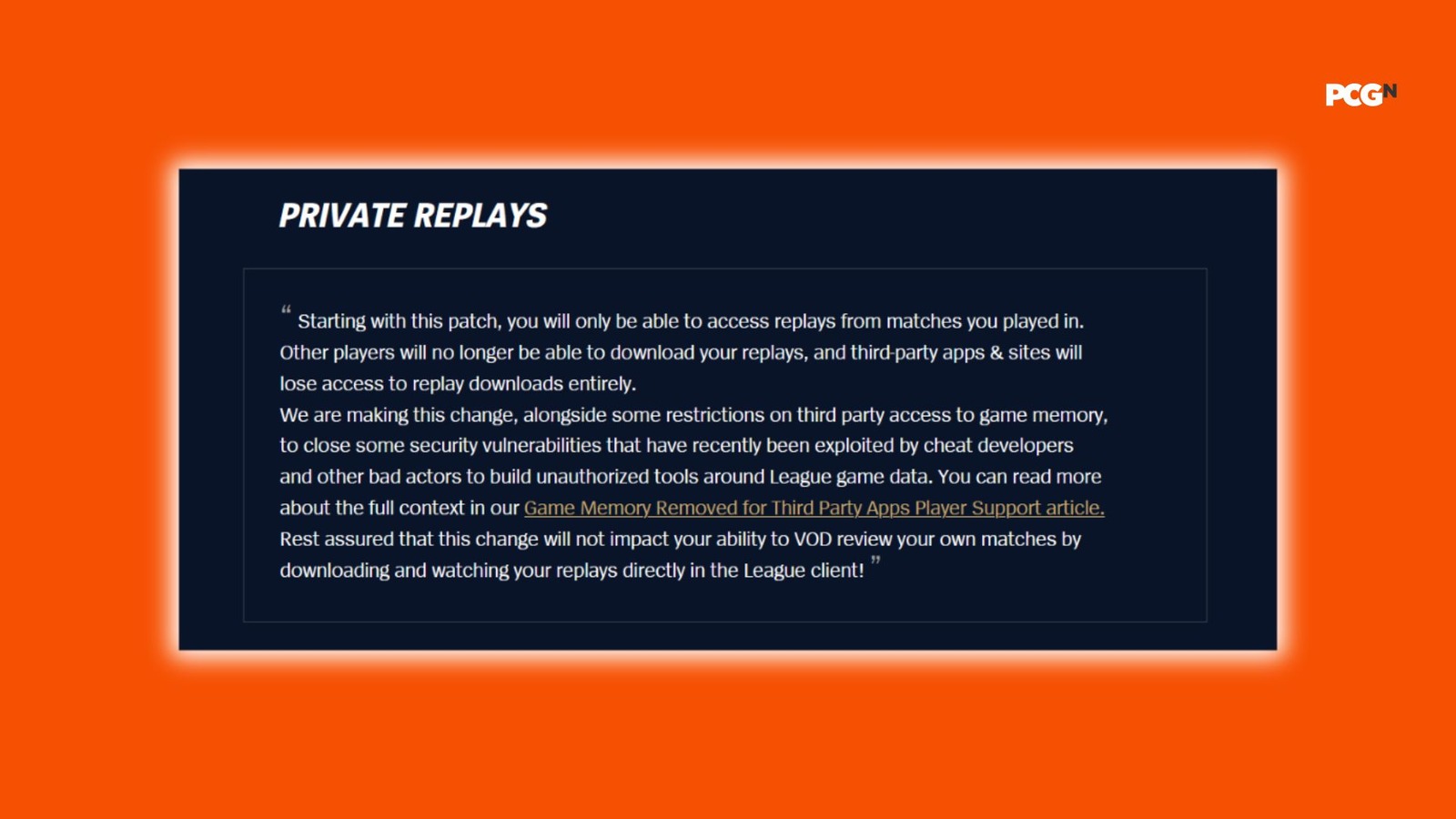 Excerpt from the League of Legends patch 26.20 notes with the heading Private Replays and the text that announced restricting access to other players' replays