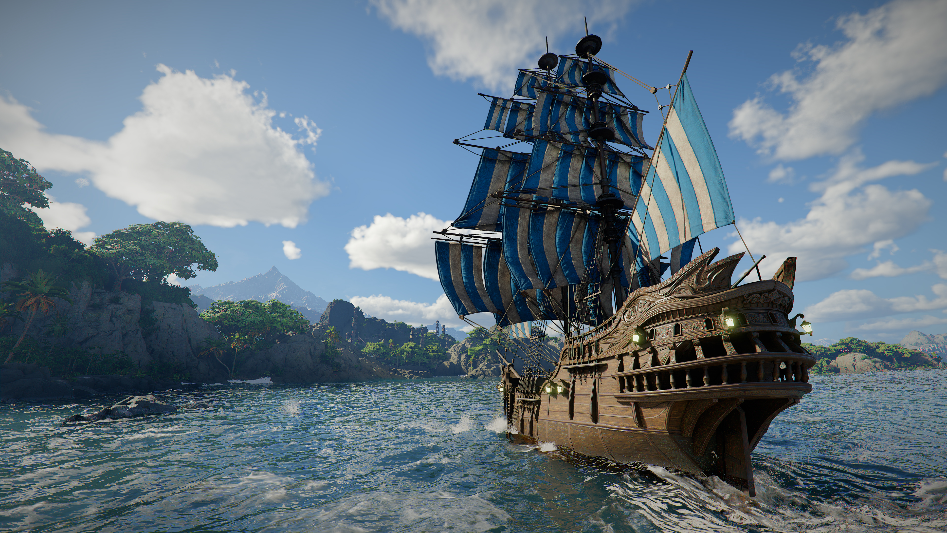 Barco de velas azules y blancas navegando cerca de unas islas en Crimson Desert Charting the Unknown