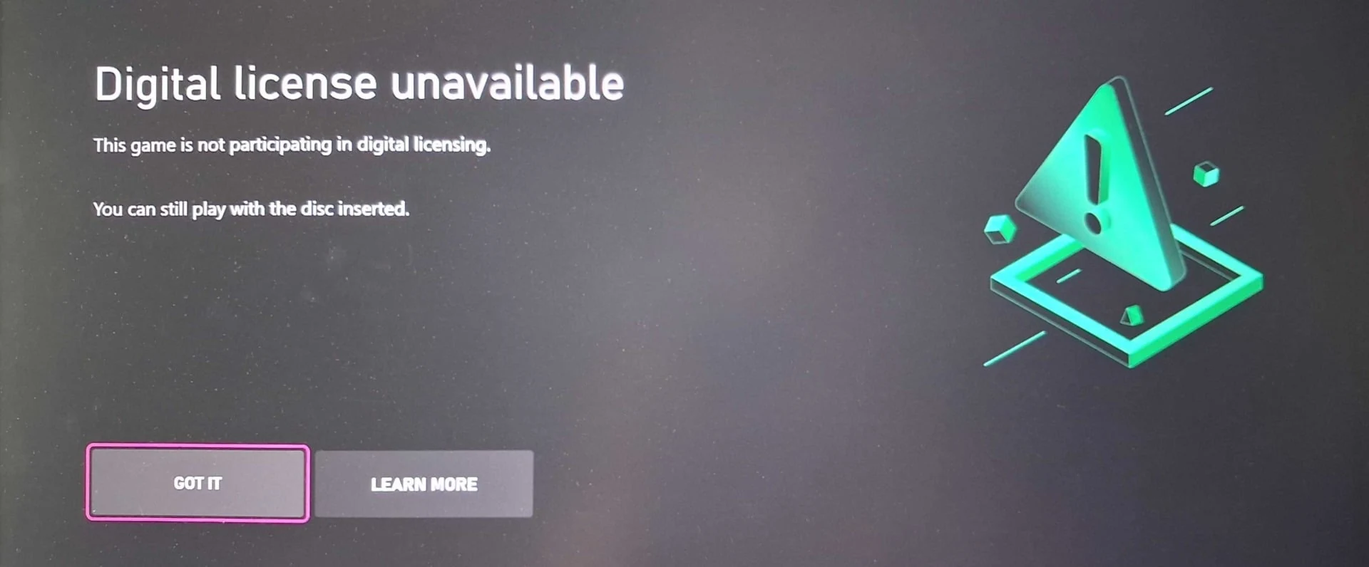 Pantalla de error en consola Xbox con el mensaje Digital license unavailable - This game is not participating in digital licensing