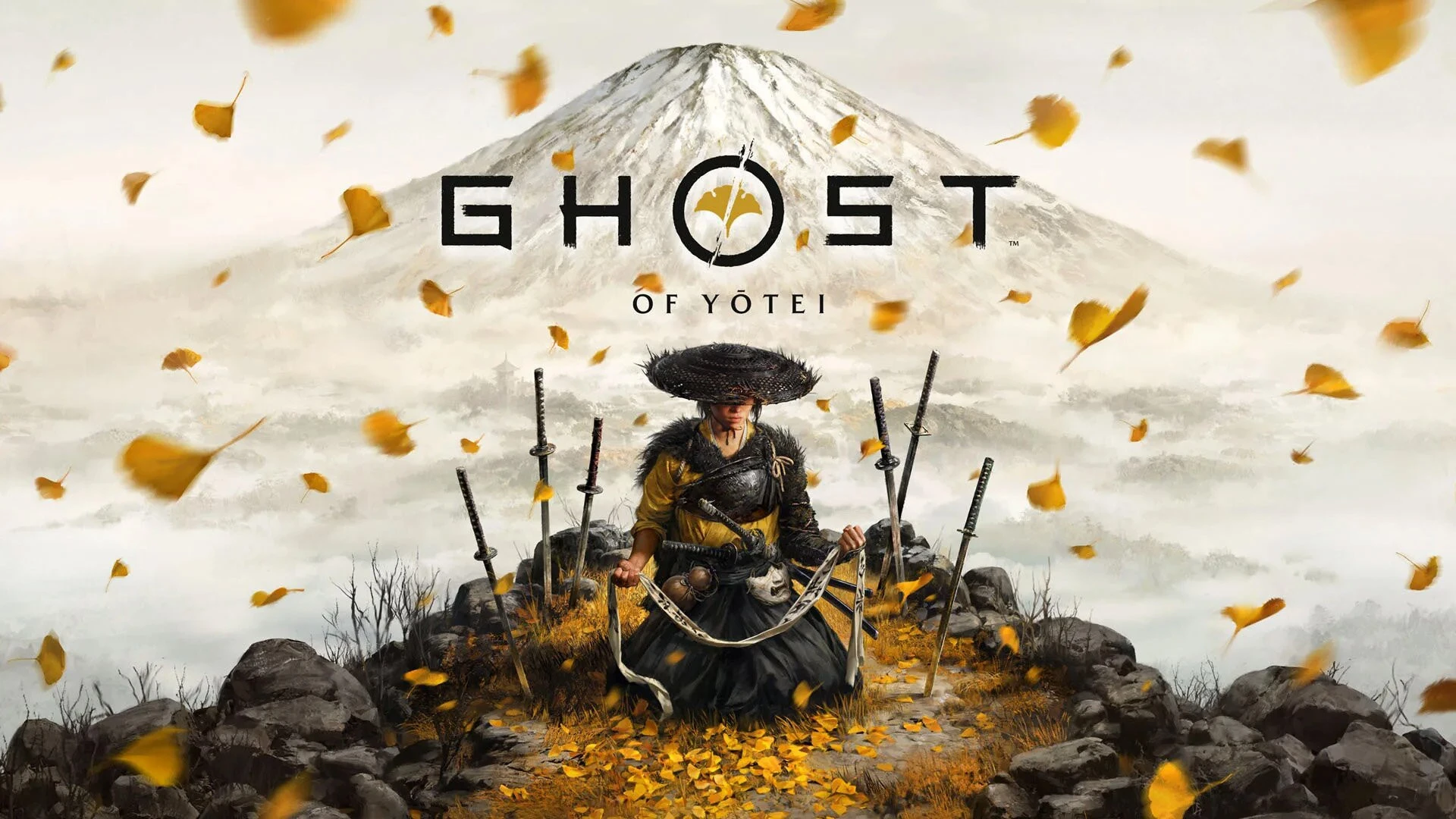 Arte oficial de Ghost of Yotei com a protagonista Atsu agachada entre espadas cravadas no chão, diante do monte Yōtei coberto de neve
