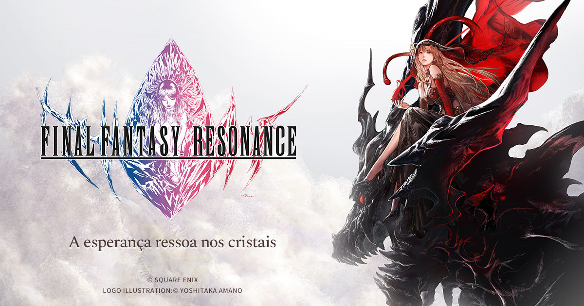 Arte oficial de Final Fantasy Resonance com o logotipo do jogo e uma personagem sobre uma criatura negra alada