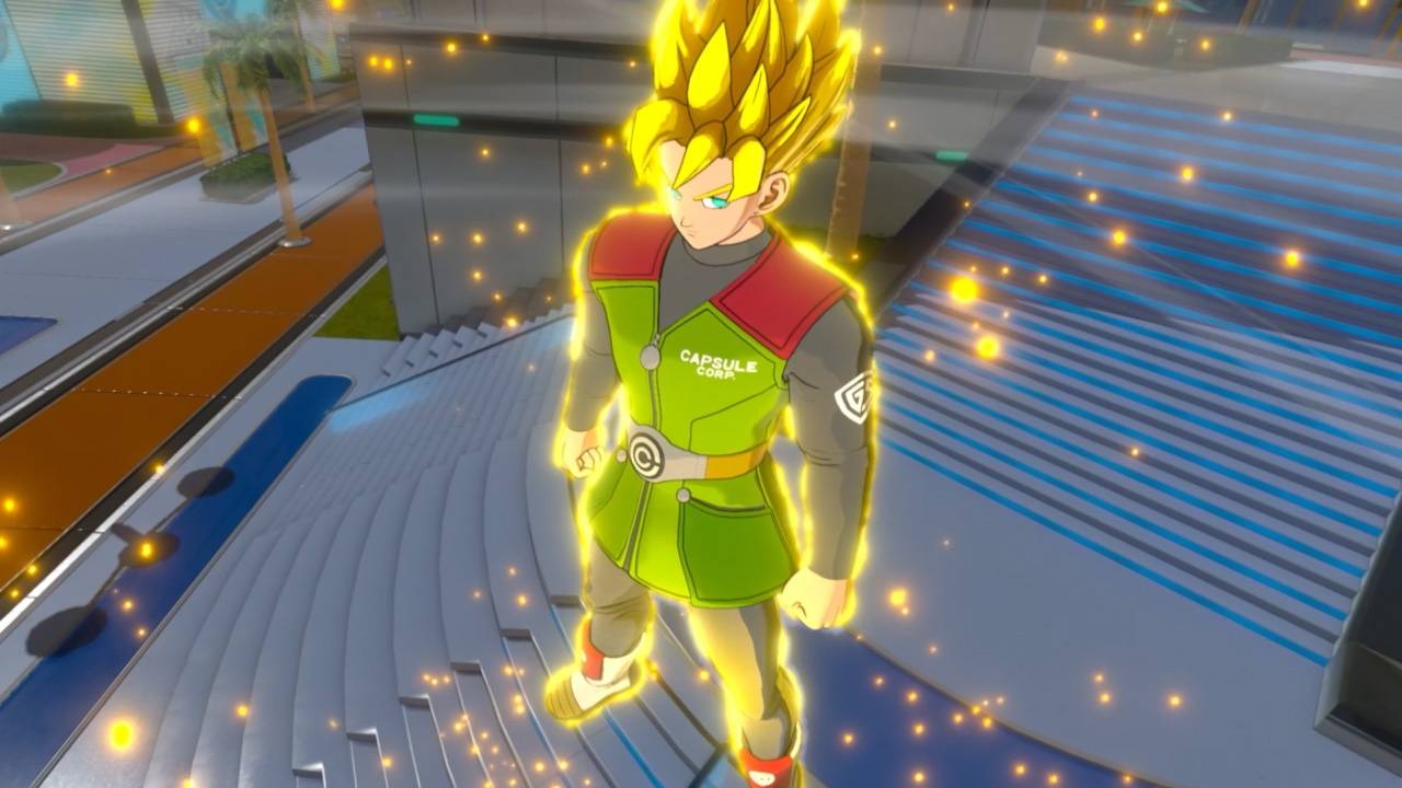 Personagem de Dragon Ball Xenoverse 3 transformado em Super Saiyajin com aura dourada na Cidade do Oeste
