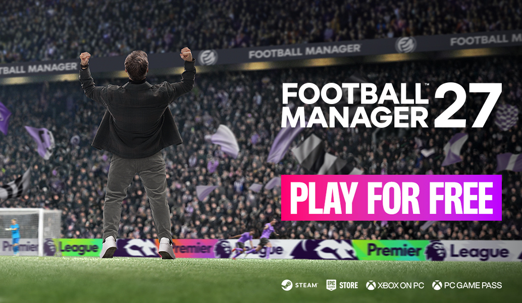 Treinador celebra em estádio lotado na arte oficial de Football Manager 27 com a chamada Play for Free