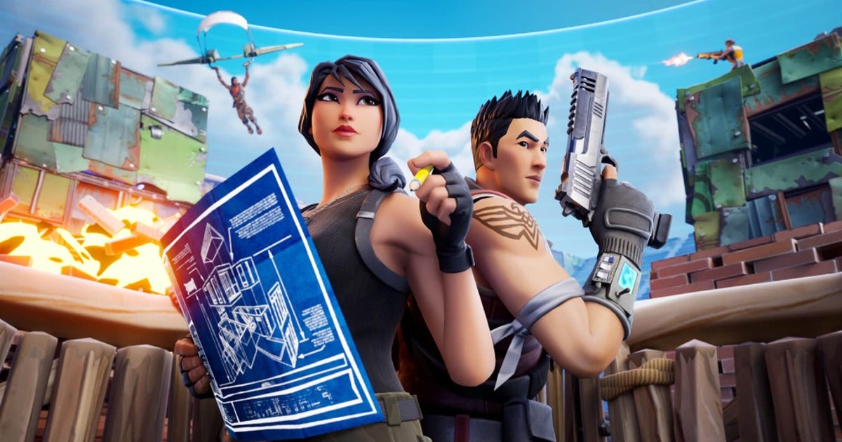 Dois personagens de Fortnite em cena oficial do jogo, segurando uma planta e uma arma