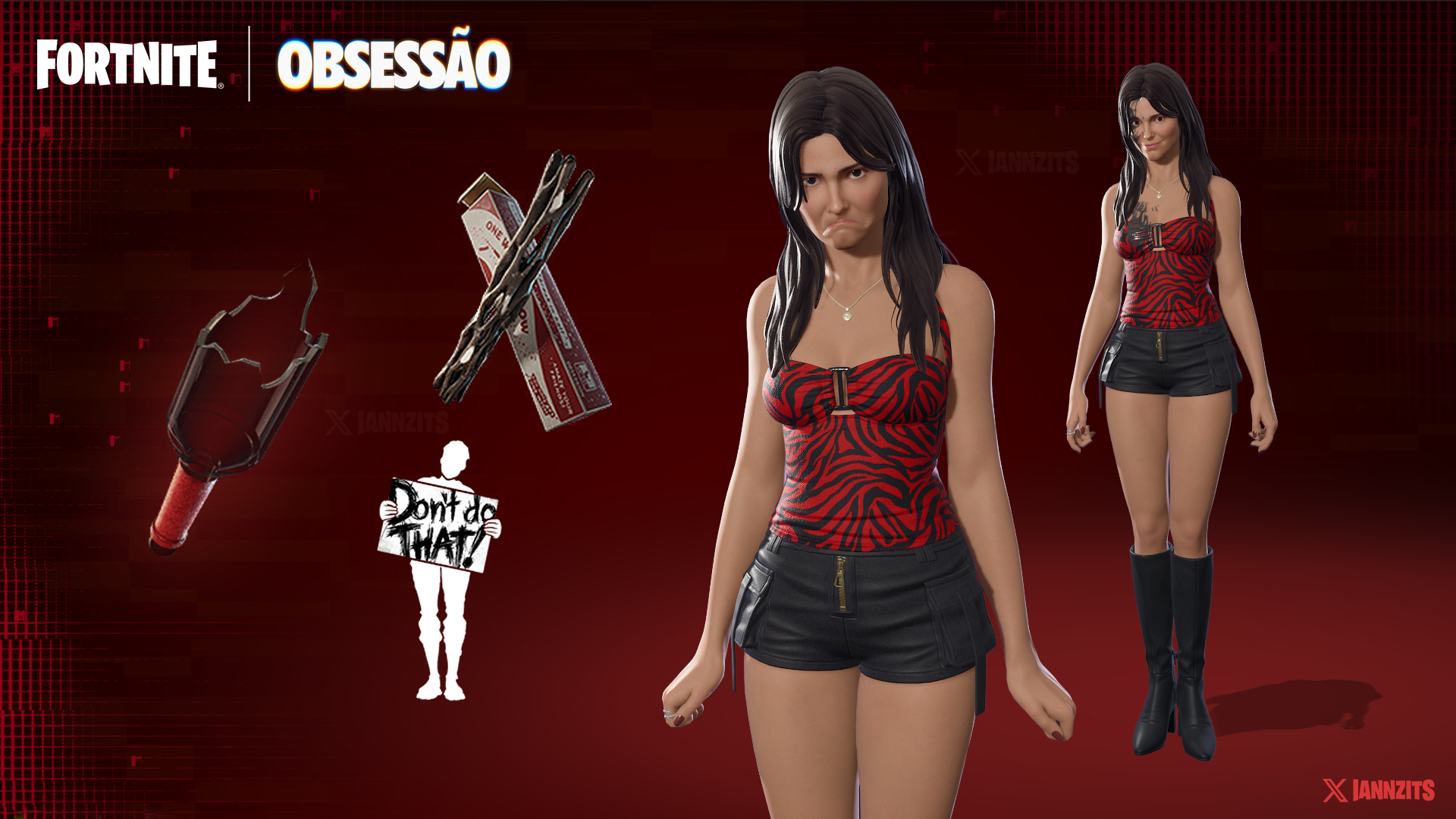 Prévia do pacotão da Nikki no Fortnite, mostrando a skin em dois estilos, picareta de garrafa quebrada, back bling de salgueiro e emote com placa